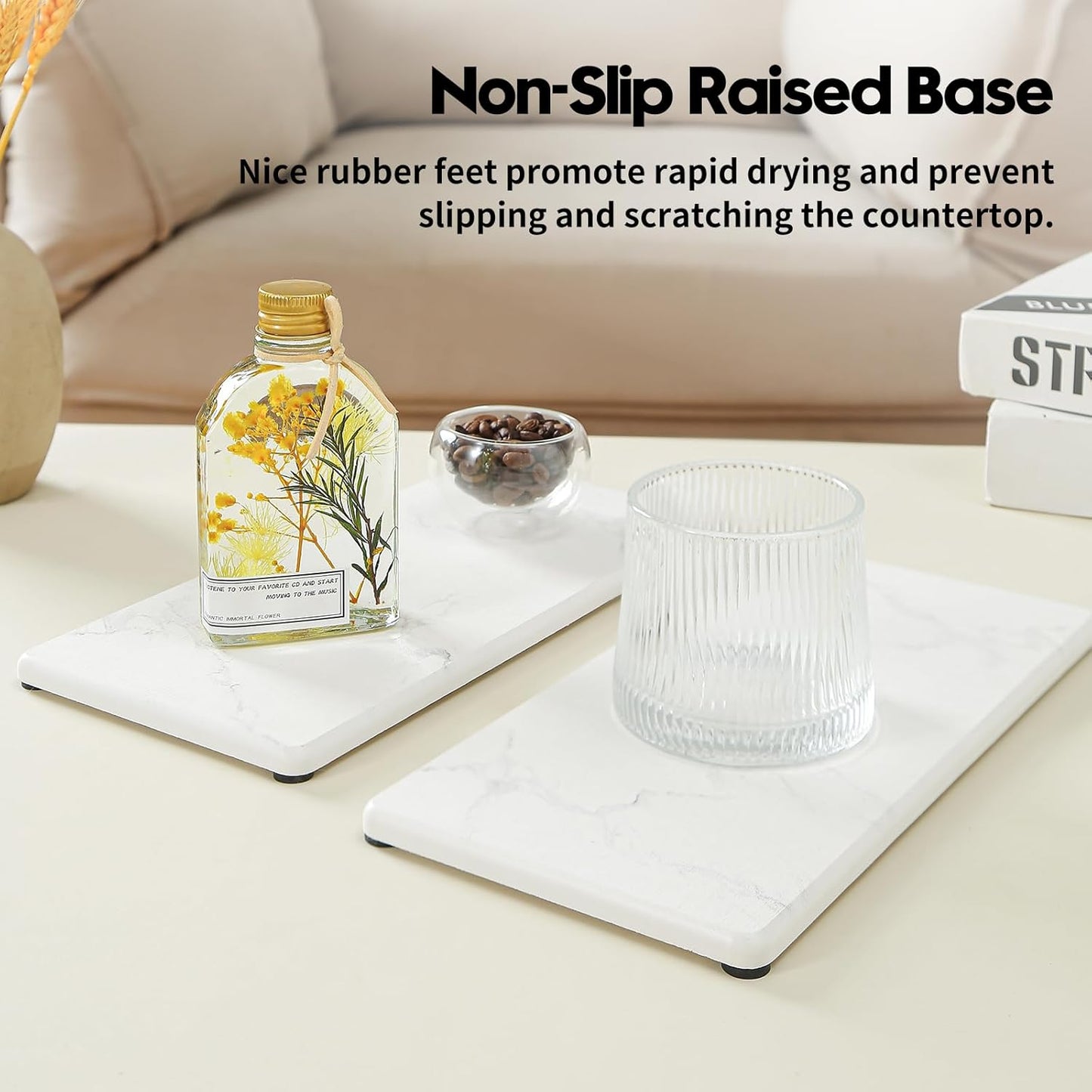 2PCS Water Absorbing Stone Drying Tray for Kitchen Counter & Bathroom Sink, Diatomite Faucet Splash Guard, Soap Dispenser Rack & Sponge Holder Caddy Organizer, Marble White (Printed Pattern), 9"x 3.5"