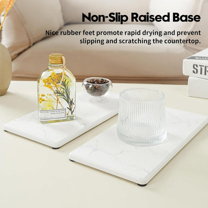 2PCS Water Absorbing Stone Drying Tray for Kitchen Counter & Bathroom Sink, Diatomite Faucet Splash Guard, Soap Dispenser Rack & Sponge Holder Caddy Organizer, Marble White (Printed Pattern), 9"x 3.5"