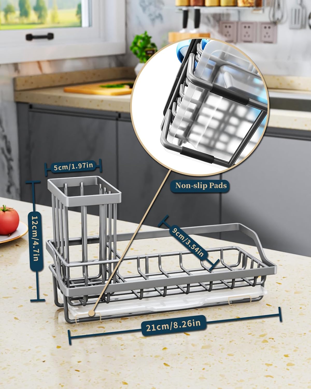 Consumest Sink Caddy, Kitchen Sponge Holder with Dish Brush Holder, Kitchen Organizer with Drip Tray for Countertop, Stainless Steel Rustproof - Silver