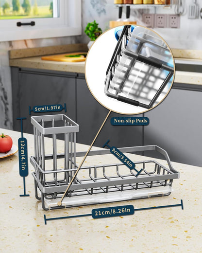 Consumest Sink Caddy, Kitchen Sponge Holder with Dish Brush Holder, Kitchen Organizer with Drip Tray for Countertop, Stainless Steel Rustproof - Silver