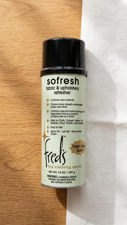 Fred's Fine Cleaning Center Sofresh Fabric and Upholstery Refresher - Odor Eliminator, Fabric Freshener for Couch, Carpet, Rugs, 14 Ounce, Natural Scent, Spray