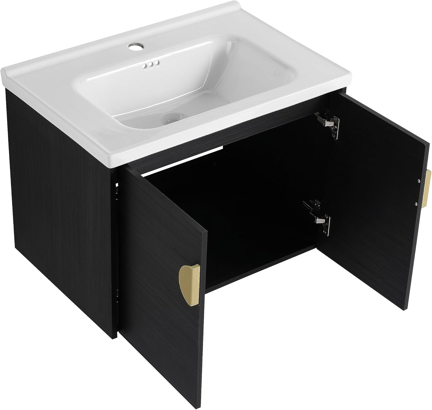 SSLine Modern 24-Inch Bathroom Vanity with Sink Wall Mounted Bathroom Vanity with Top Basin & Storage Cabinet White Wood Floating Vanity w/Ceramic Sink & Gold/Black Handles for Small Space