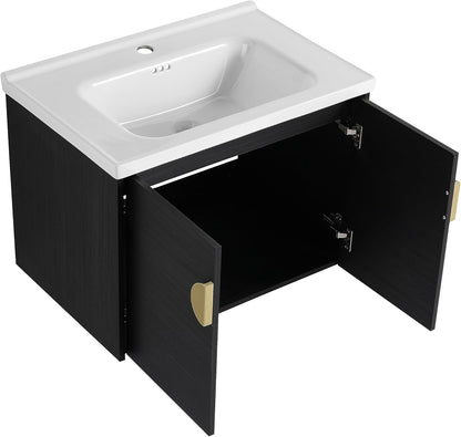 SSLine Modern 24-Inch Bathroom Vanity with Sink Wall Mounted Bathroom Vanity with Top Basin & Storage Cabinet White Wood Floating Vanity w/Ceramic Sink & Gold/Black Handles for Small Space