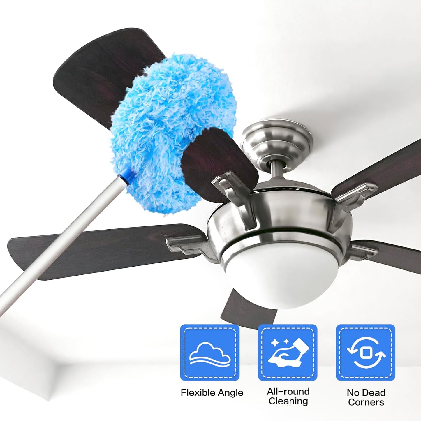 Ceiling Fan Cleaner Duster Reusable Microfiber Ceiling Fan Blade Cleaner Removable Duster with Extension Pole Adjusts 13 to 49.7 Inch for Cleaning Walls Bookshelves Furniture Door Window Top (Blue)