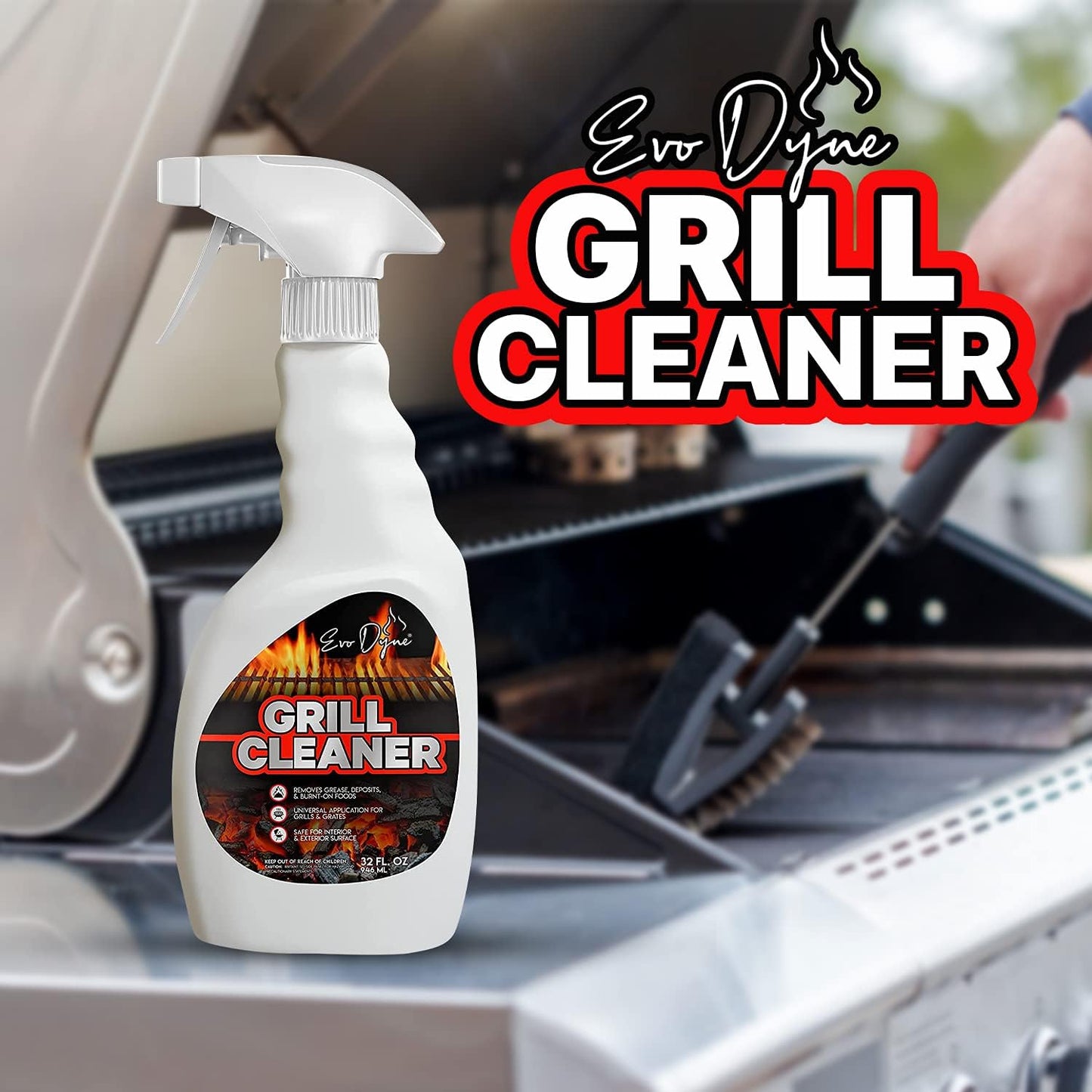 Evo Dyne Grill Cleaner Spray (32 oz), Made in USA - Quickly Cleans BBQ Burnt-on Foods and Grease from Grill Grates - Heavy Duty, Fast-Acting Formula, Less Scrubbing - Food Safe Grill & Oven Degreaser