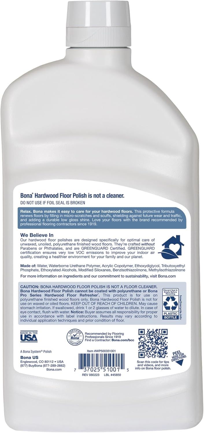 Bona Hardwood Floor Polish - 32 fl oz - High Gloss Shine - Polish for Wood Floors - Protects and Renews Dull Flooring - Covers 500 sq ft