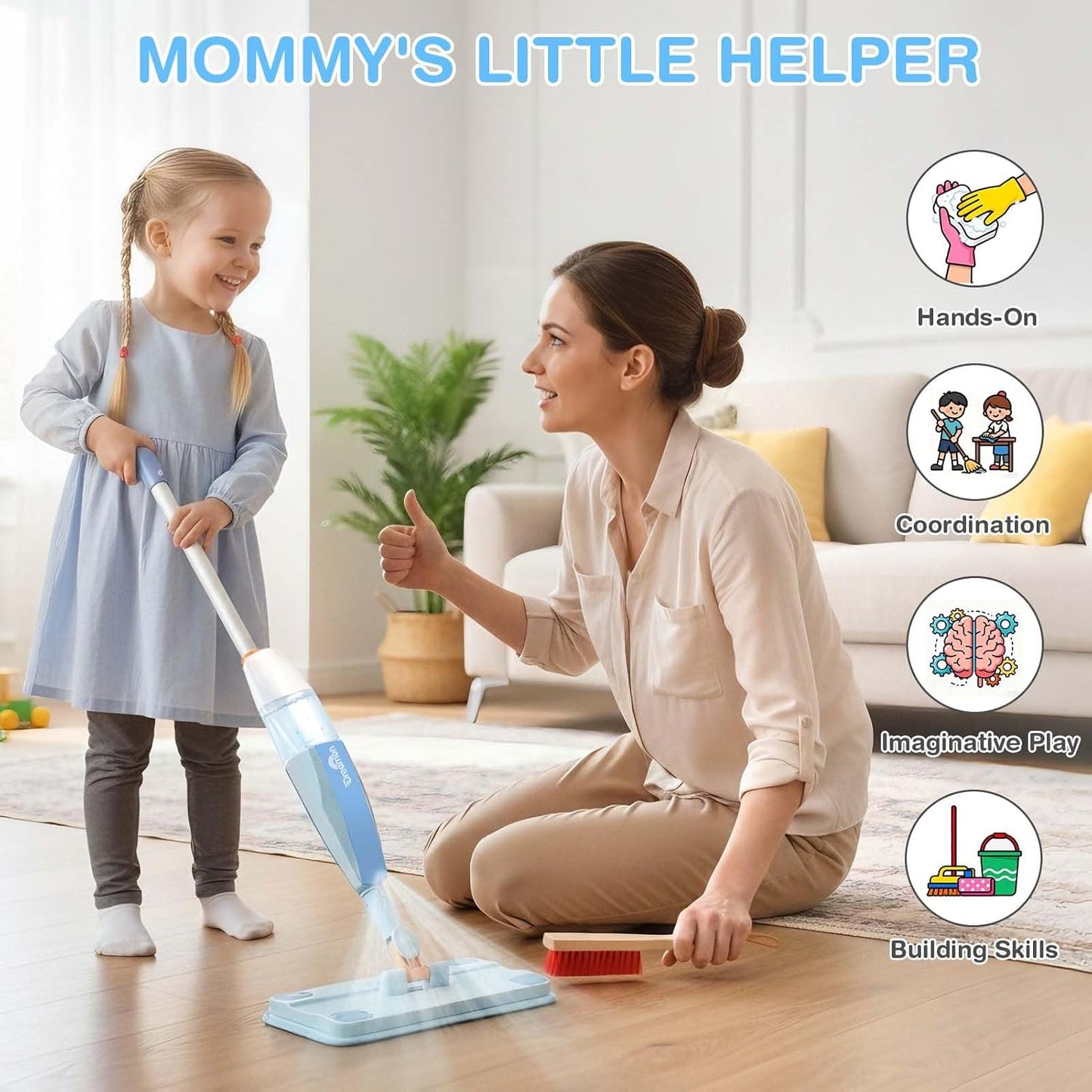 Dreamon Kids Spray Mop - Real Working Toddler Cleaning Set with Water Sprayer & 3 Washable Mop Pads & Scraper, Pretend Play Montessori Housekeeping Toys Gifts for Toddlers Kids Girls Boys(Blue)