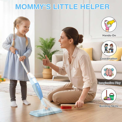 Dreamon Kids Spray Mop - Real Working Toddler Cleaning Set with Water Sprayer & 3 Washable Mop Pads & Scraper, Pretend Play Montessori Housekeeping Toys Gifts for Toddlers Kids Girls Boys(Blue)