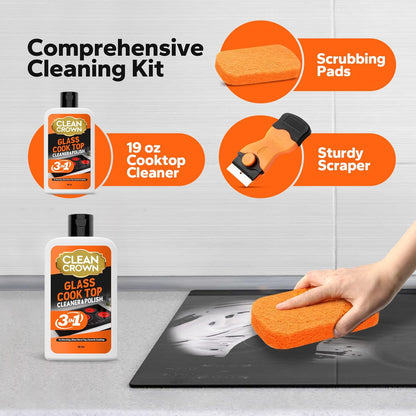 3-in-1 Cooktop Cleaner Kit (8.8 Oz Cooktop Cleaner + Scrubbing Pad + Scraper), Stovetop Cleaner for Electric Top Stoves, Ceramic Cooktops & Fireplace Glass, Remove Burned on Food, Grease
