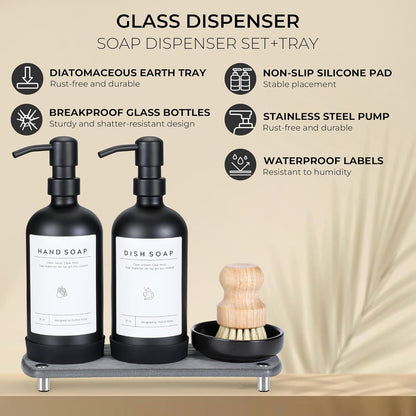 [Luxury] Kitchen Soap Dispenser Set - 16OZ Amber Glass Bottle, Stainless Steel Pump, Instant Dry Tray, Waterproof Labels, Non-Slip Silicone Pad, and Dish Brush | Upgrade for Your Kitchen and Bathroom
