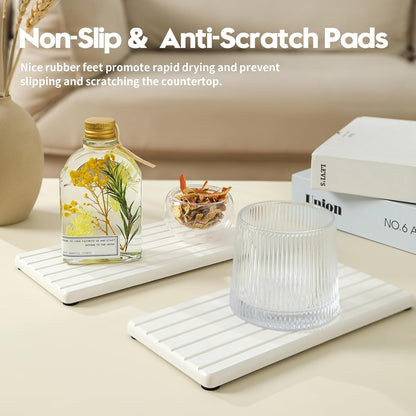 2PCS Water Absorbing Stone Drying Tray Mat for Bathroom Sink & Kitchen Counter Faucet Organizer, Quick Dry Dish Rack Soap Dispenser Sponge Holder, Vanity Sink Caddy Bar Coaster, Ivory White 8“x 4”