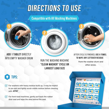 ACTIVE Washing Machine Cleaner for Pet Owners Enzymatic Deep Clean Descaler for Cat & Dog Hair, Urine, Odor, Residue, 24 Septic-Safe Tablets for Top Load, Front Loader, HE Washer Tub - 1 Year Supply