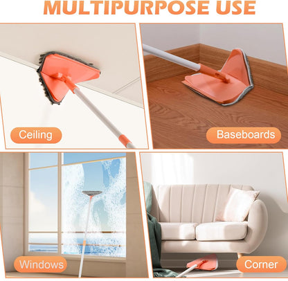 Wall Cleaner Triangle Mop with 82'' Long Handle - Wall Scrubber, Cleaning Washer Tool with 4 Microfiber Chenille Duster Pads for Clean Walls, Ceiling, Windows, Baseboards, Floors (Green, 4 Pads)