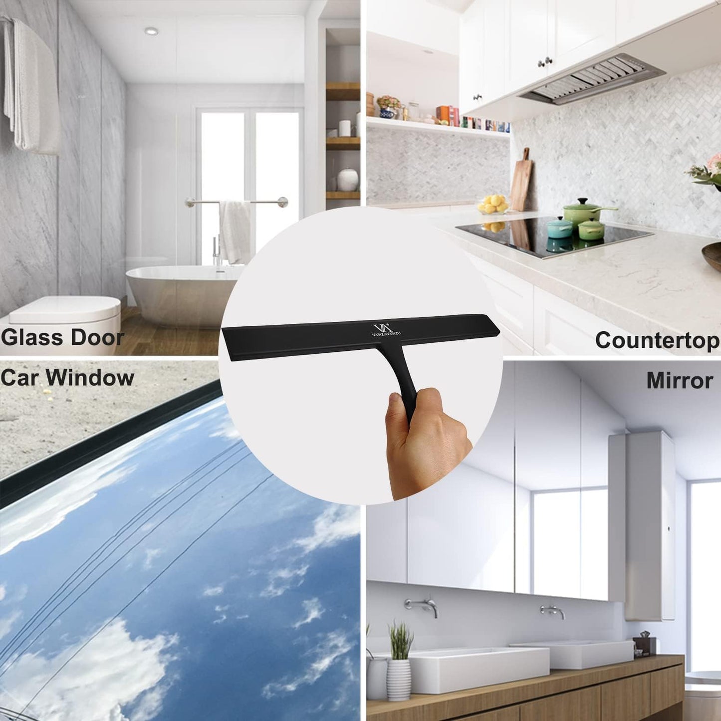 Shower Squeegee for Glass Doors, 11-Inch Silicone Squeegee with Non-Slip Handle and Adhesive Hook for Bathroom, Mirror, Tile, Car Window (White)