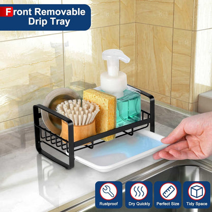 HULISEN Large Sponge Holder, 304 Stainless Steel Kitchen Soap Dispenser Caddy Organizer, Countertop Soap Dish Rack Drainer with Removable Drain Tray, not Including Dispenser and Brush, Silver