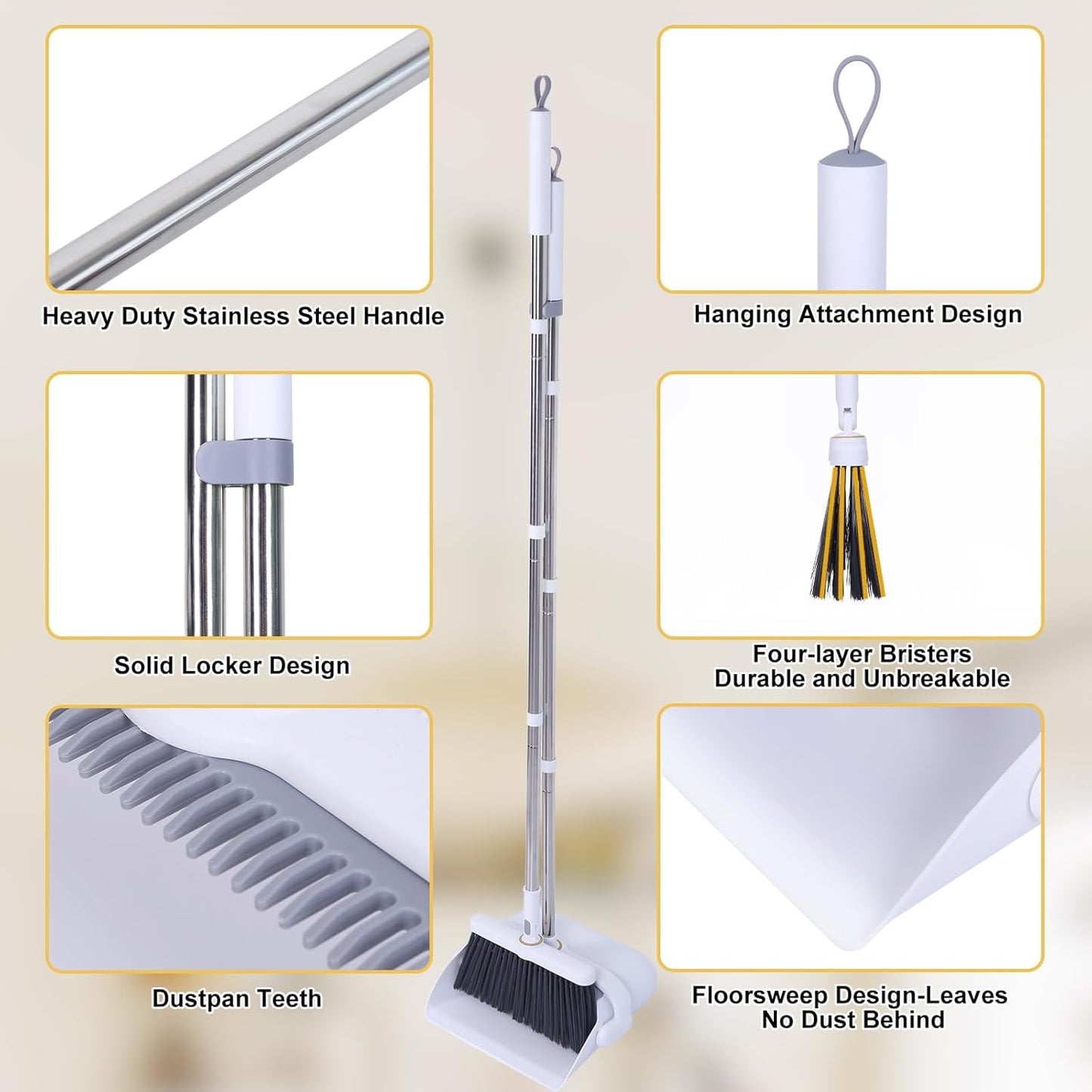 Heavy Duty Broom and Standing Dustpan Combo Set, Rotatable Head Dust Pan and Brush Set with Collapsible Handle, Cleaning Teeth, Hanging Loop, Ideal for Pets, RV, Kitchen, Camping, Outdoor Floor, White