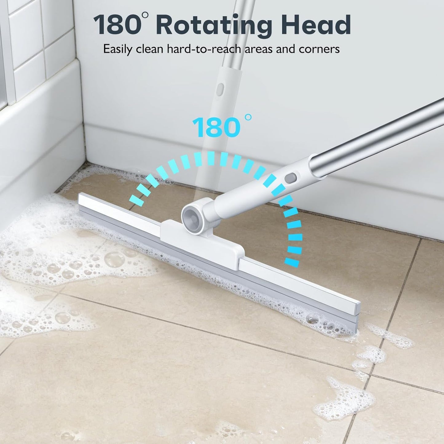 nacena Floor Squeegee, 52-in Adjustable Long Handle Squeegee for Floor Water Removal 180° Rotatable Head Squeegee Broom for Cleaning Window Shower Glass Tile Garage Concrete Pet Hairs, Grey&White