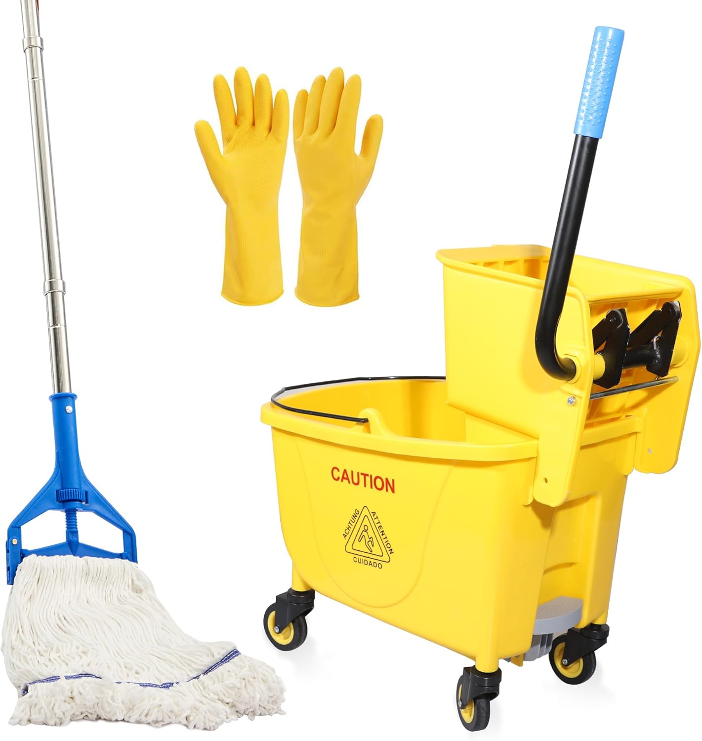 35QT Side-Press Mop Bucket and Wringer Combo on Wheels, Yellow,Including One Heavy Duty Industrial Mop and One Set Large Rubber Cleaning Gloves