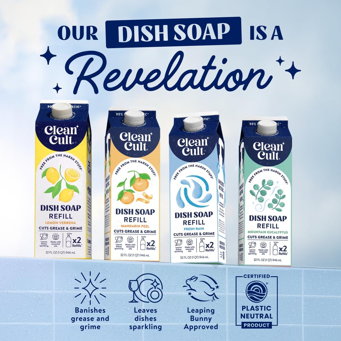 Cleancult Dish Soap Liquid Refill (32oz, 3 Pack) - Plant Based Cleaning Power - Dish Soap that Cuts Grease & Grime - Free of Harsh Chemicals - Uses 90% Less Plastic - Fresh Rain