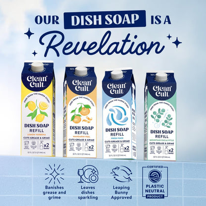 Cleancult Dish Soap Liquid Refill (32oz, 3 Pack) - Plant Based Cleaning Power - Dish Soap that Cuts Grease & Grime - Free of Harsh Chemicals - Uses 90% Less Plastic - Fresh Rain