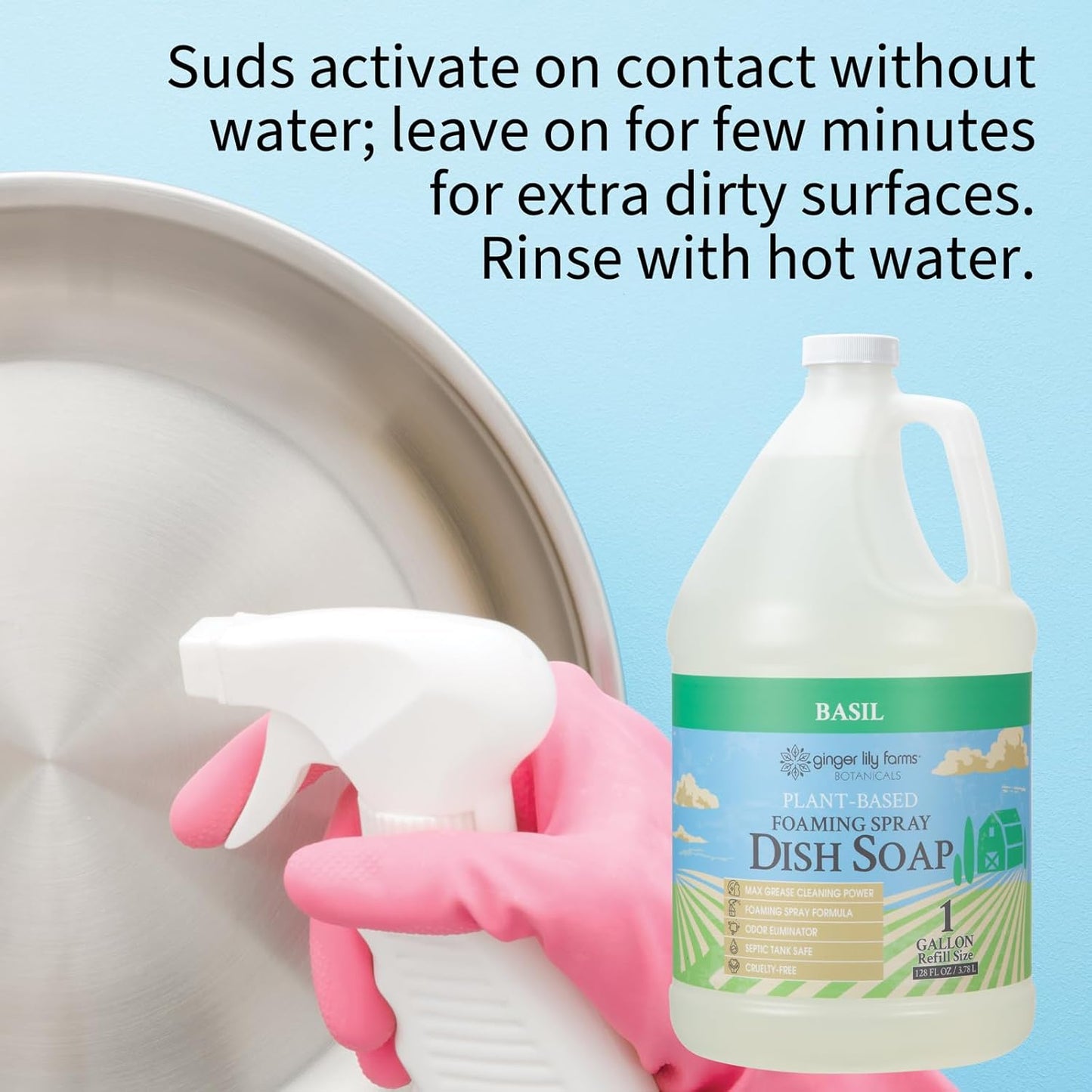 Ginger Lily Farms Botanicals Plant-Based Foaming Spray Dish Soap, Concentrated Formula with Max Grease Cleaning Power, Cruelty-Free, Lavender Chamomile Scent, 1 Gallon Refill (128 Fl Oz)