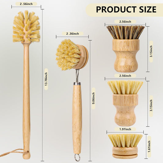 5 Pack Bamboo Dish Brush Set, Wooden Dish Brush with 14’’ Bottle Brush, Natural Kitchen Scrub Brush for Dishes Pots, Pans, Sinks, Woks, Vegetables
