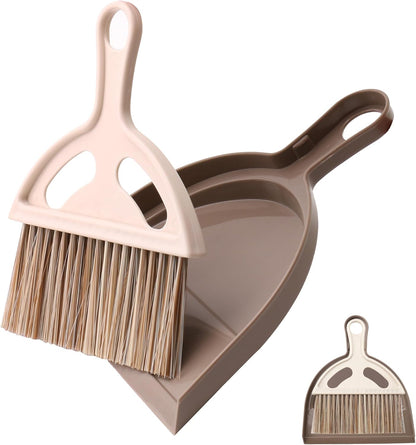 Mini Broom and Dustpan Set, Small Handheld Broom and Dustpan for Desk, Clip-On Hand Brush for Keyboard, Car Interior, Countertop, and Cat Litter Cleaning, Brown