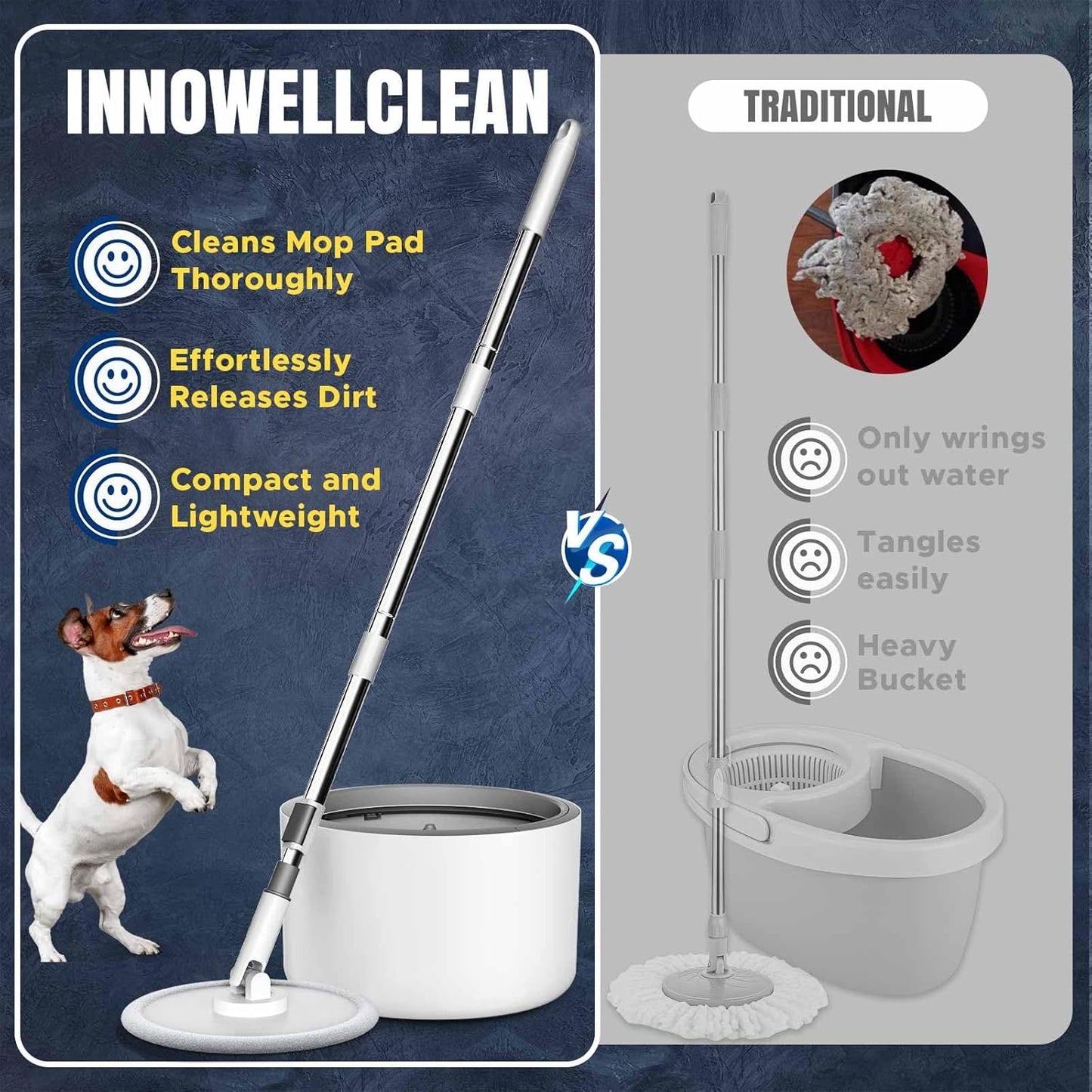 VENETIO Innowellclean Microfiber Spin Mop and Bucket Set with Patented Water Filtration System - Deep Self Cleaning/Dry/Wet All-In-One Floor Mop for Home Hardwood, Tile - Ideal for Pet Owners (2 Pads)