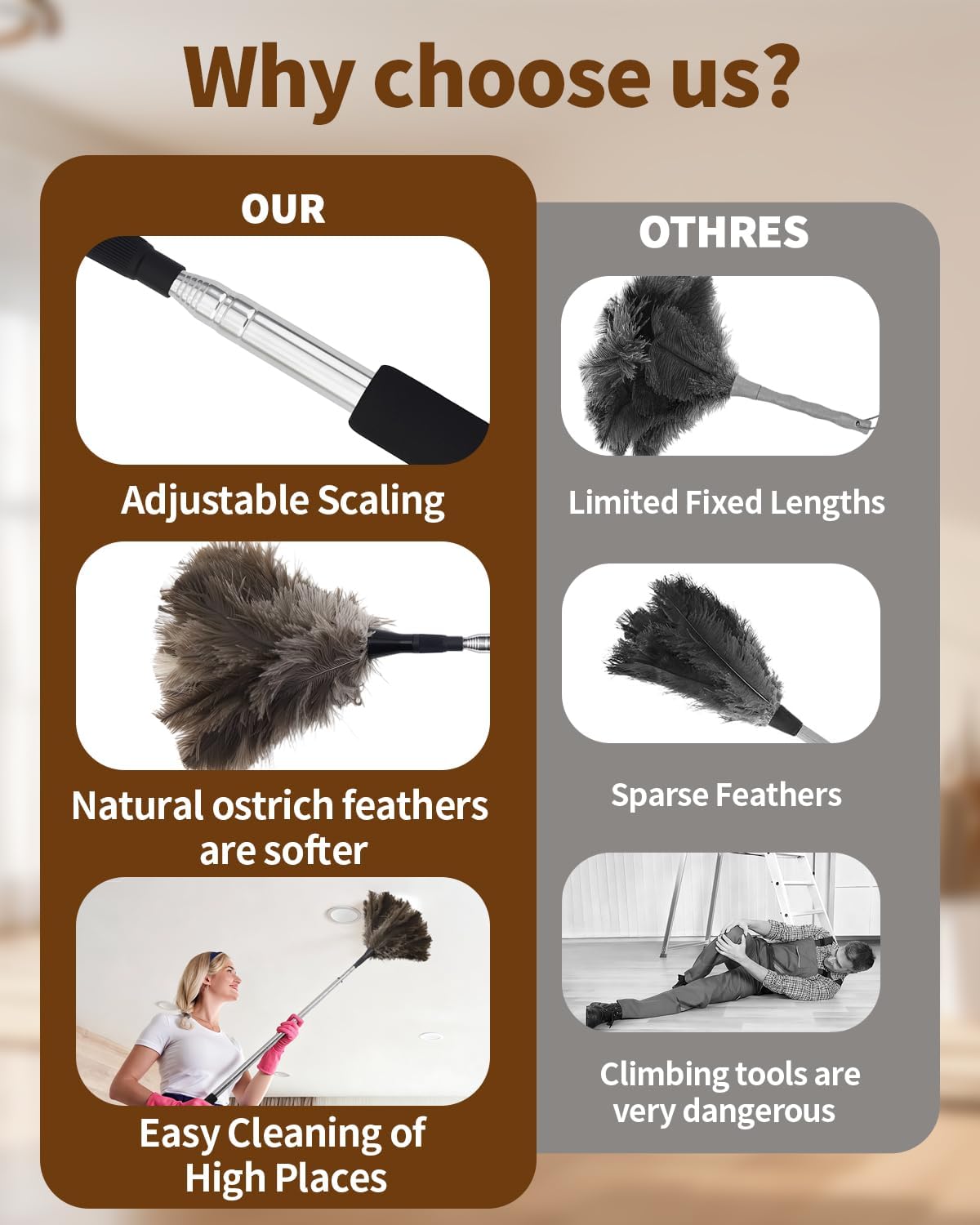 Extendable Ostrich Feather Duster with Bonus Wool Feather Duster Head - Natural Fluffy Non-Slip Handle Feathers Dusters for Cleaning Ceiling Fans, Blinds, Roof Dusting, High Surfaces (18-48 in)