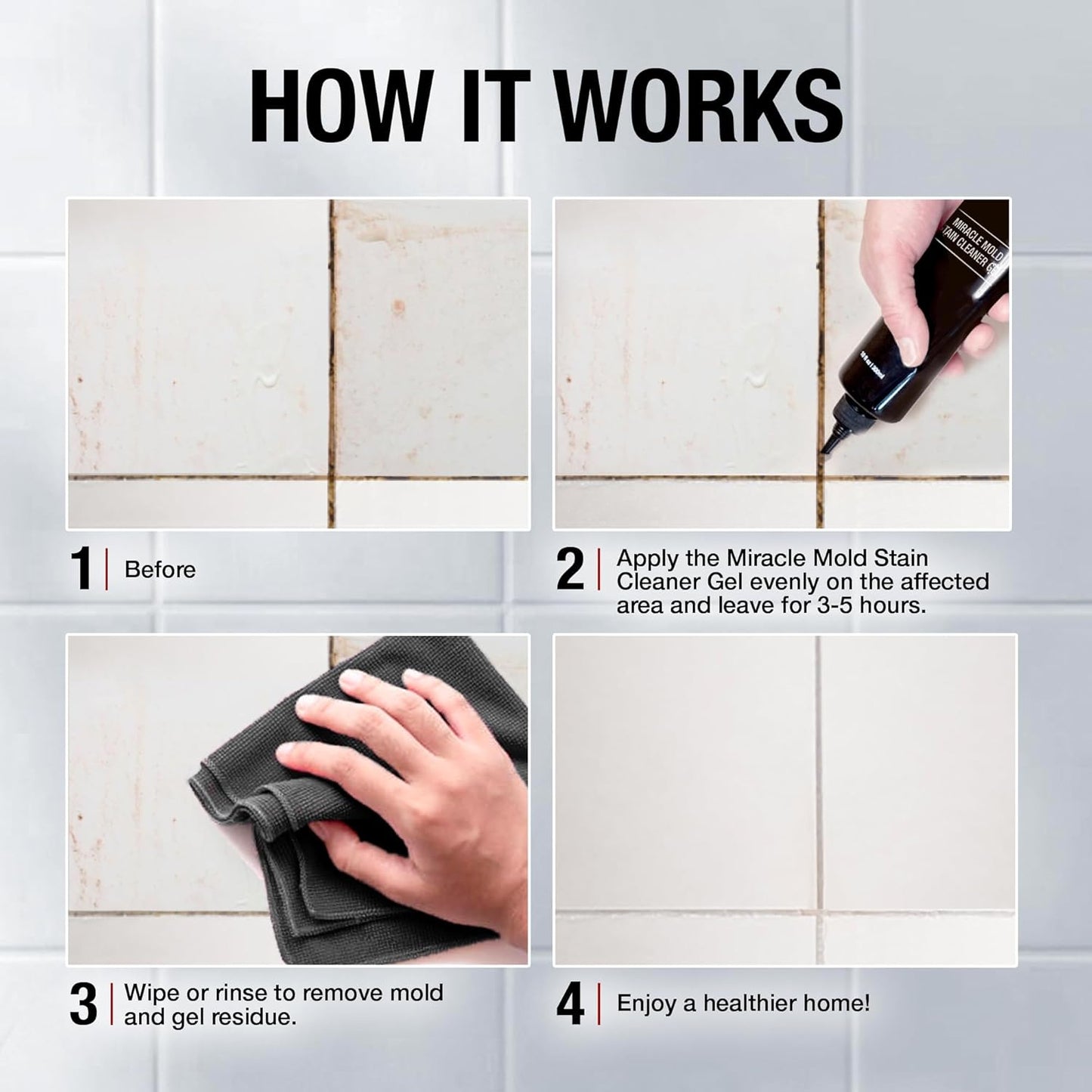 GlassGuard Miracle Mold Stain Remover Stain Gel – Heavy Duty Cleaning Gel for Grouts, Ceramic, Glass, Silicone, Caulk & More – Washing Machine Cleaner Front Loader (300 ml / 10 oz)