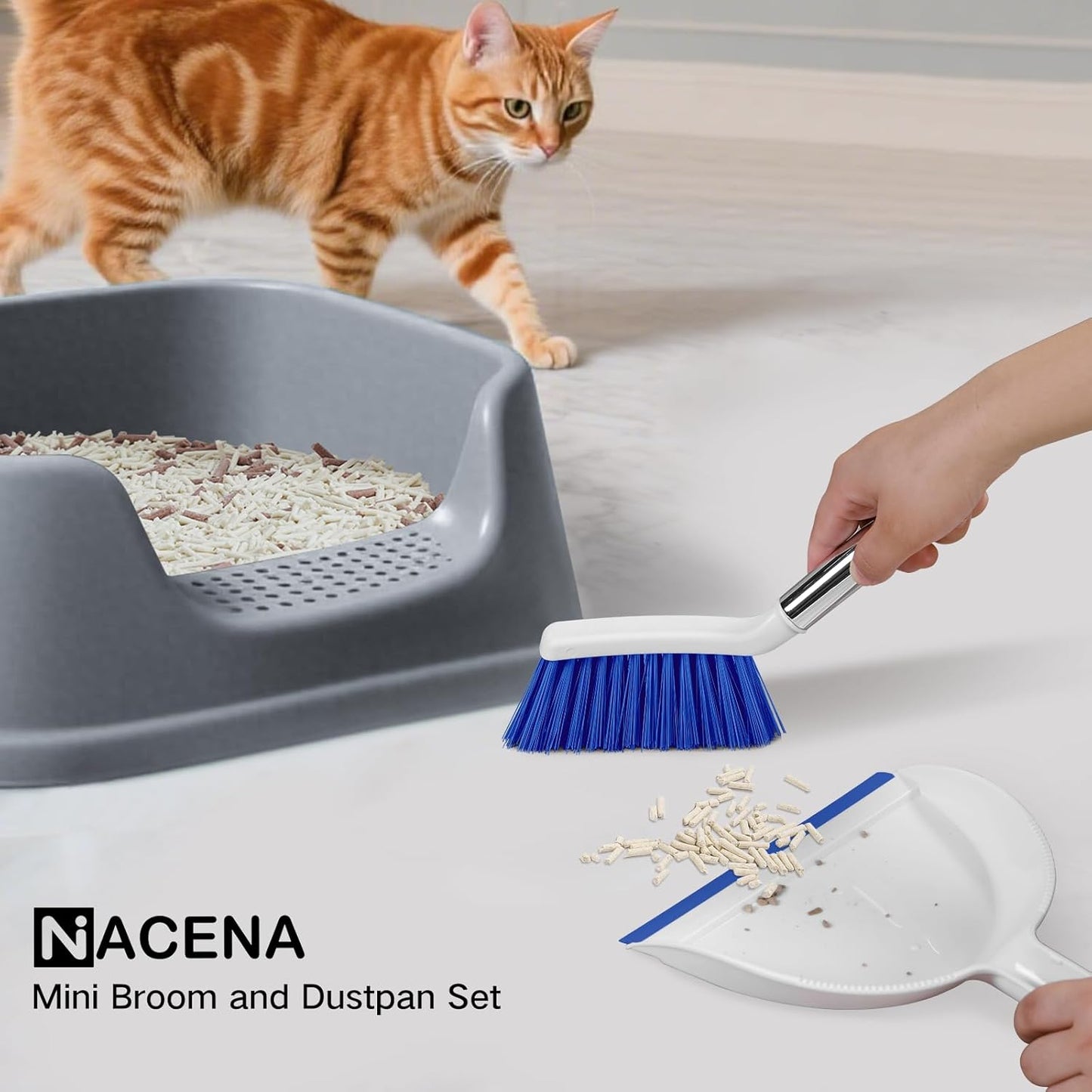 NACENA Mini Broom and Dustpan Set, Small Dust Pan and Brush Set with Handle Dustpan Teeth for Cleaning Hair Suitable for Office Desks Drawers Sofas Outdoor Camping, Light & Purple