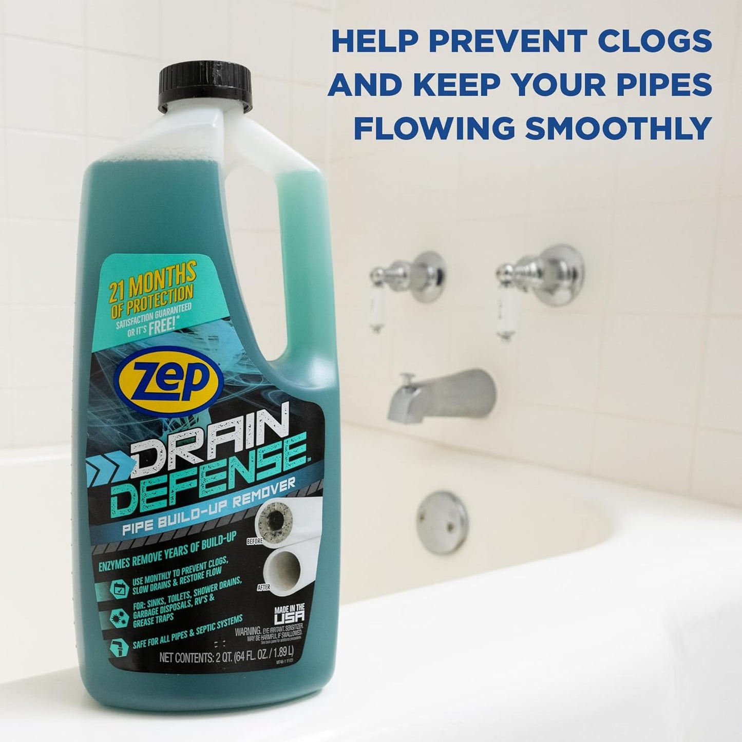 Zep Drain Defense Pipe Build-Up Remover - 64 Ounces - ZLDC648 - Professional Strength Liquid Pipe Build Up Remover,GREEN