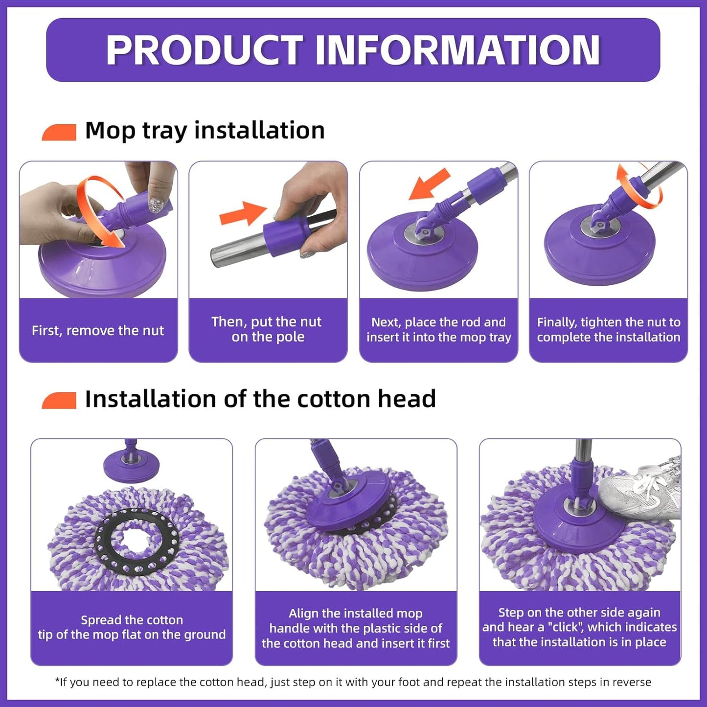 Spin Mop Replacement Handle, 47.6-inch 360 Degrees Rotating Telescopic Replacement Mop Stick with a Robust Stainless Steel Disc for Spin Mop Bucket Cleaning System (Stainless Steel Disc,Purple)