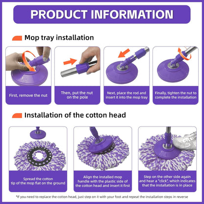 Spin Mop Replacement Handle, 47.6-inch 360 Degrees Rotating Telescopic Replacement Mop Stick with a Robust Stainless Steel Disc for Spin Mop Bucket Cleaning System (Stainless Steel Disc,Purple)
