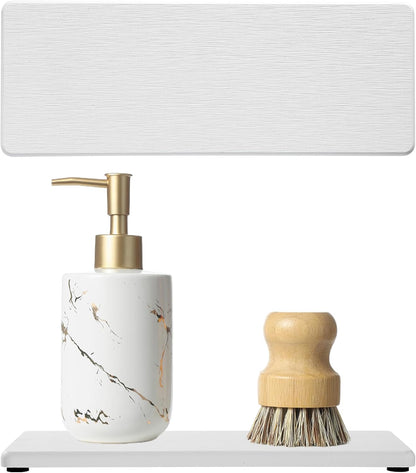 2PCS Water Absorbing Stone Drying Tray for Kitchen Counter & Bathroom Sink, Diatomite Faucet Splash Guard, Soap Dispenser Rack & Sponge Holder Caddy Organizer, Marble White (Printed Pattern), 9"x 3.5"