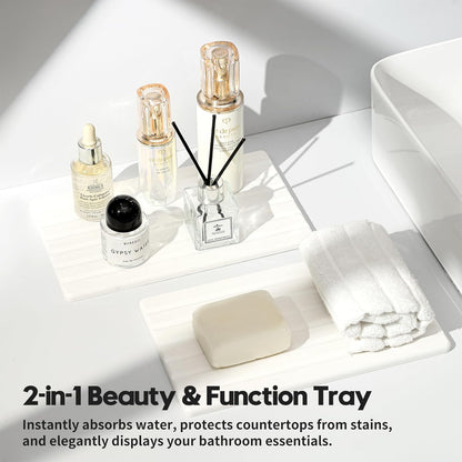 2PCS Water Absorbing Stone Drying Tray Mat for Bathroom Sink & Kitchen Counter Faucet Organizer, Quick Dry Dish Rack Soap Dispenser Sponge Holder, Vanity Sink Caddy Bar Coaster, Ivory White 8“x 4”
