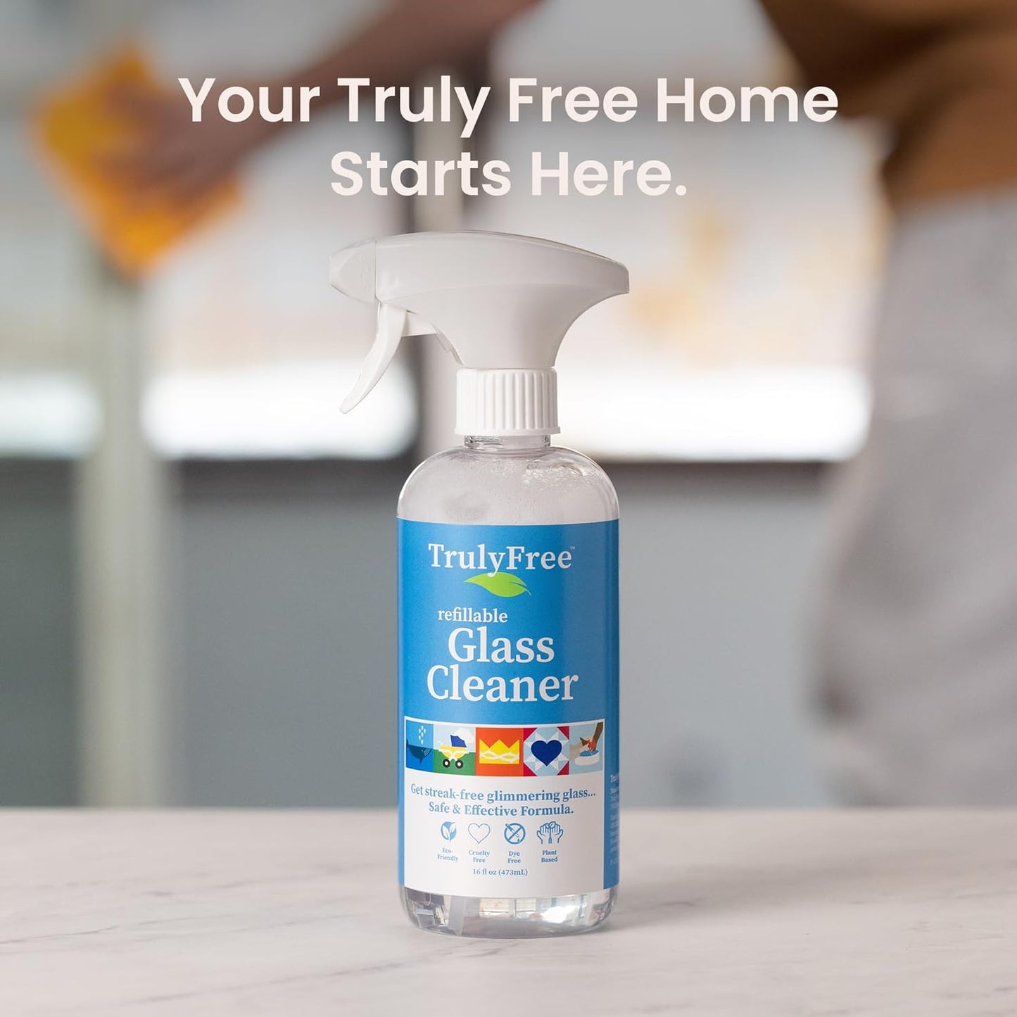 Truly Free Natural Glass Cleaner Kit - Removes Dirt & Debris for Sparkling Clean Windows & Glass Surfaces at Home, Office & Garage, Includes 16 oz Reusable Empty Bottle + Two Fills, 3 oz ea.