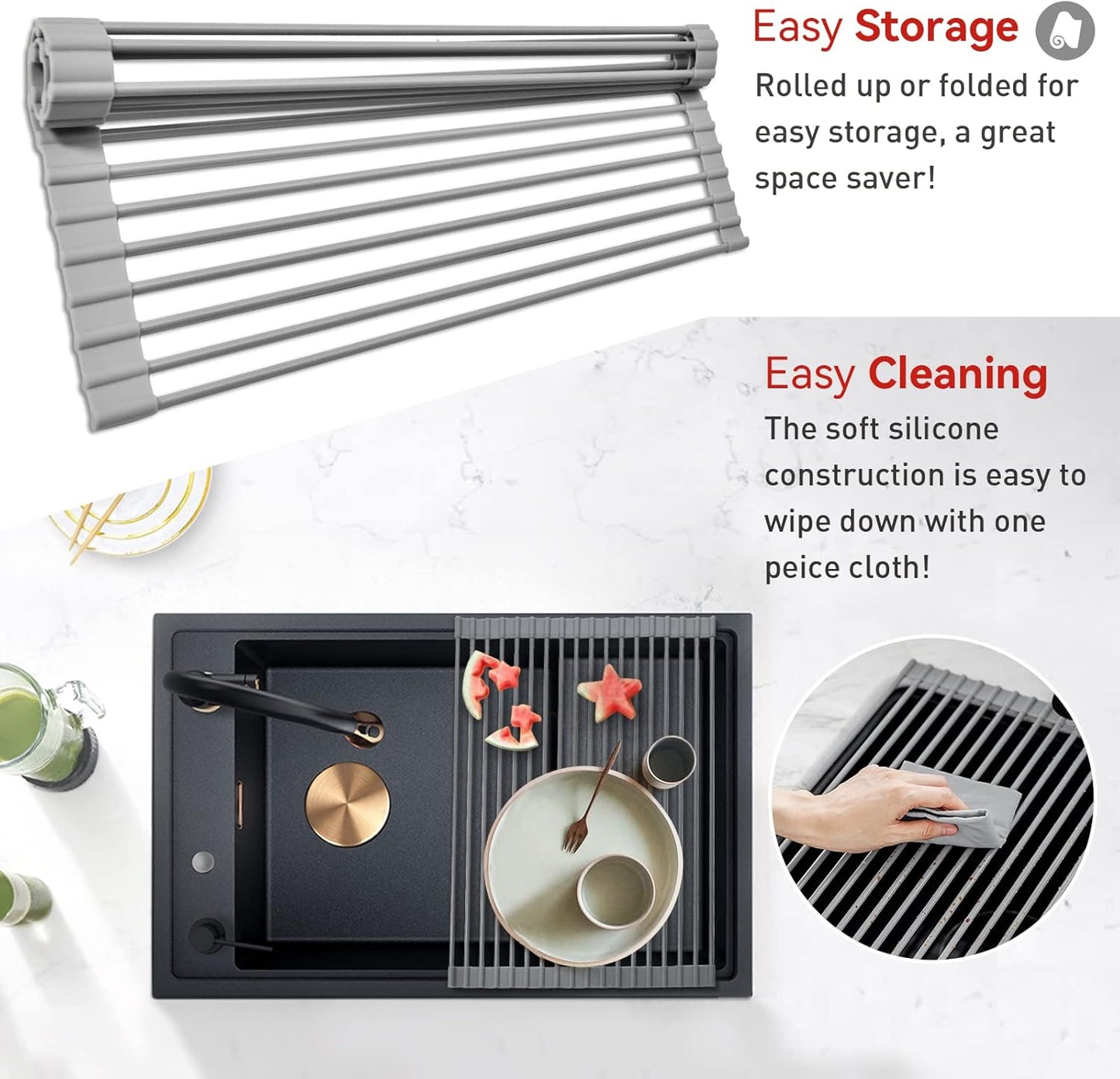 MERRYBOX Triangle Roll Up Dish Drying Rack Over The Sink, 2025 Anti-Rust Sink Drying Rack with Full Silicone Wrapped for Top of Corner, Anti-Slip Organizer for Kitchen