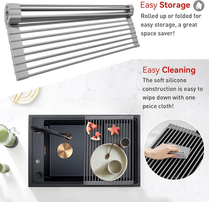 MERRYBOX Triangle Roll Up Dish Drying Rack Over The Sink, 2025 Anti-Rust Sink Drying Rack with Full Silicone Wrapped for Top of Corner, Anti-Slip Organizer for Kitchen