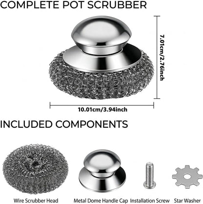 Steel Wool Scrubber, 4-Pack Stainless Steel Scrubber Pads with Handle - The Ultimate Scouring Solution for Rust, Stubborn Messes on Cookware, Grill, Oven & Kitchen Sinks