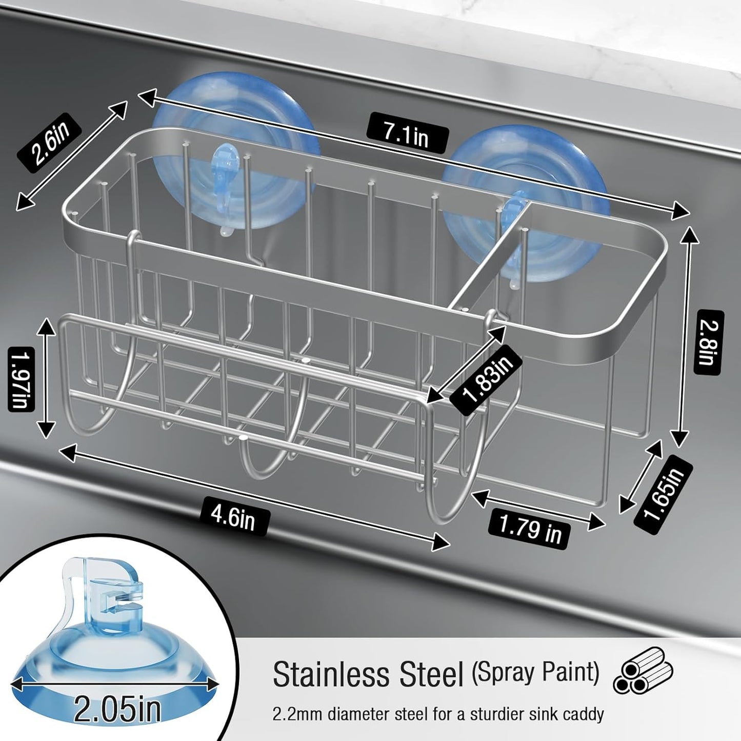 3-in-1 Kitchen Sink Caddy Organizer with Sponge Holder, Brush Holder, Extra Rack for Scrubber, Sink Stopper, Dish Cloth Hanger - Strong Dual Suction Cup, 2.0mm SUS304 Stainless Steel - Grey