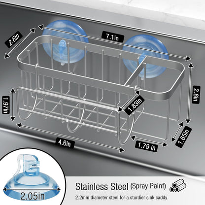 3-in-1 Kitchen Sink Caddy Organizer with Sponge Holder, Brush Holder, Extra Rack for Scrubber, Sink Stopper, Dish Cloth Hanger - Strong Dual Suction Cup, 2.0mm SUS304 Stainless Steel - Grey