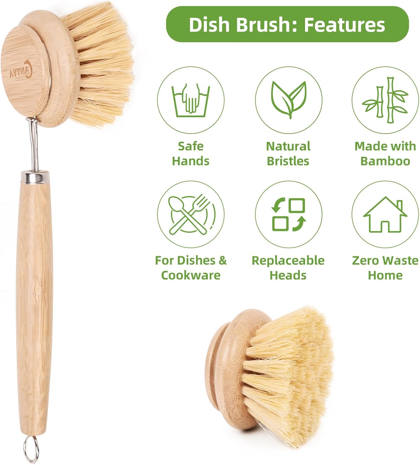 Bamboo Dish Brush with Handle - Soft Bristle, Non Toxic Dish Scrubber Compostable & Sustainable Bamboo Scrub Brush for Dishes, Pots and Pans
