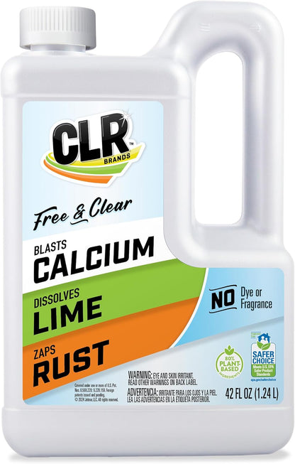 CLR Brands Calcium, Lime & Rust Remover Free & Clear, No Dyes or Fragrances, Gentle Lime and Bathroom Descaler, Removes Hard Water Stains and Rust Deposits, 42 Oz Bottle