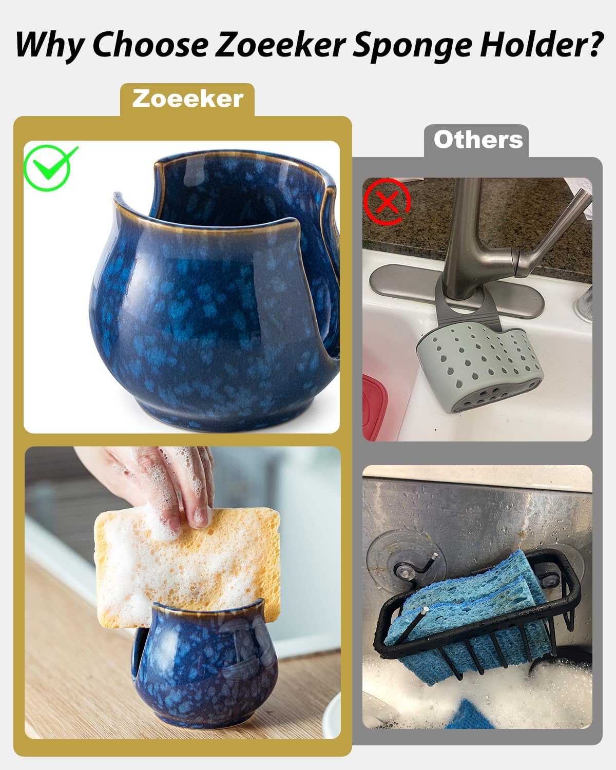 Zoeeker Sponge Holder for Kitchen Sink, Ceramic Dish Sponge Dish Rack Scrubby Caddy Kitchen Organizer Cute Sink Caddy Organizer, Farmhouse Decor, Speckled Glaze