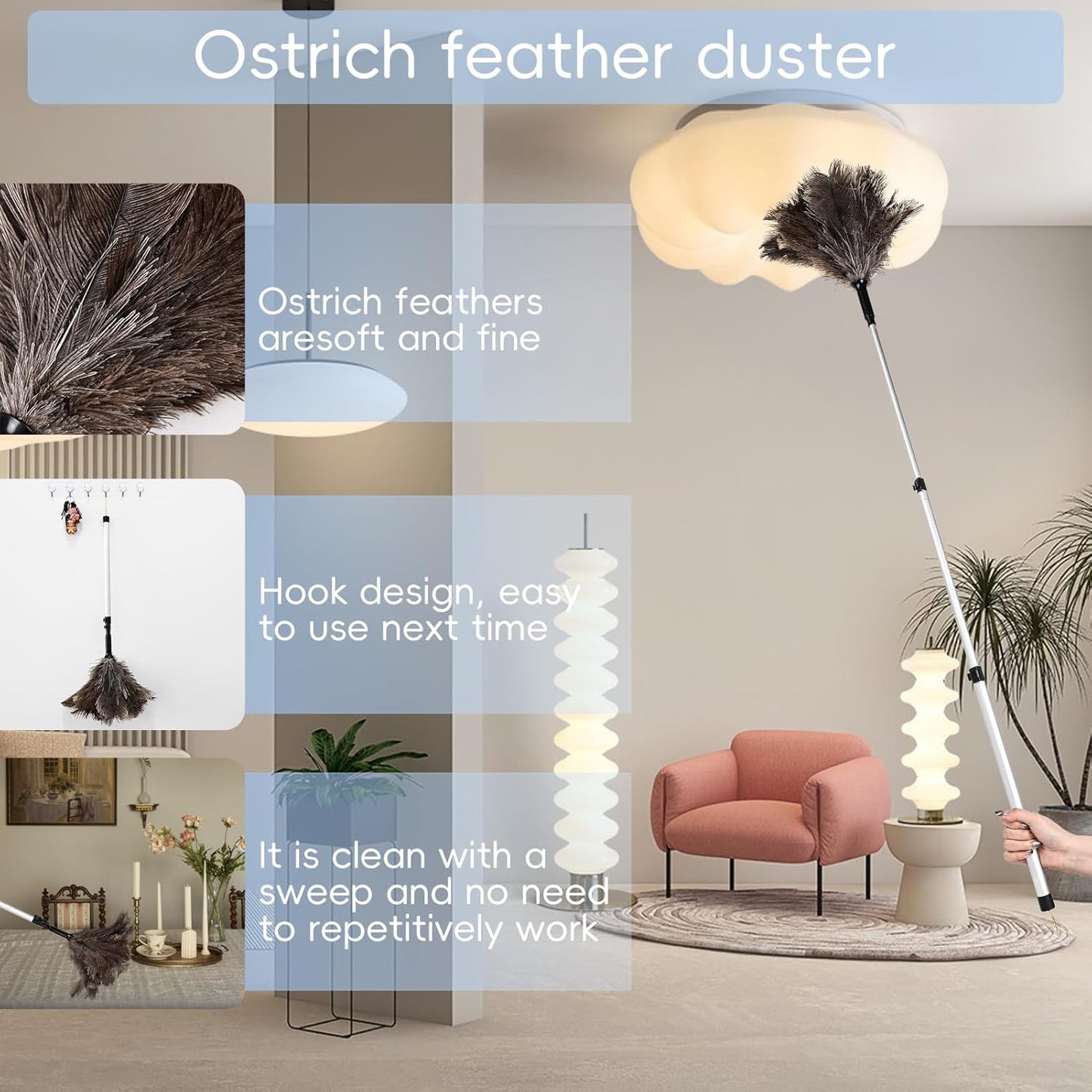 THARAHT Extendable Ostrich Feather Duster up to 27-94 inches Fluffy Feathers Long Handle Reusable for Cleaning Ceiling Fan Pendant lamp High Ceiling Blinds Furniture Feather Duster