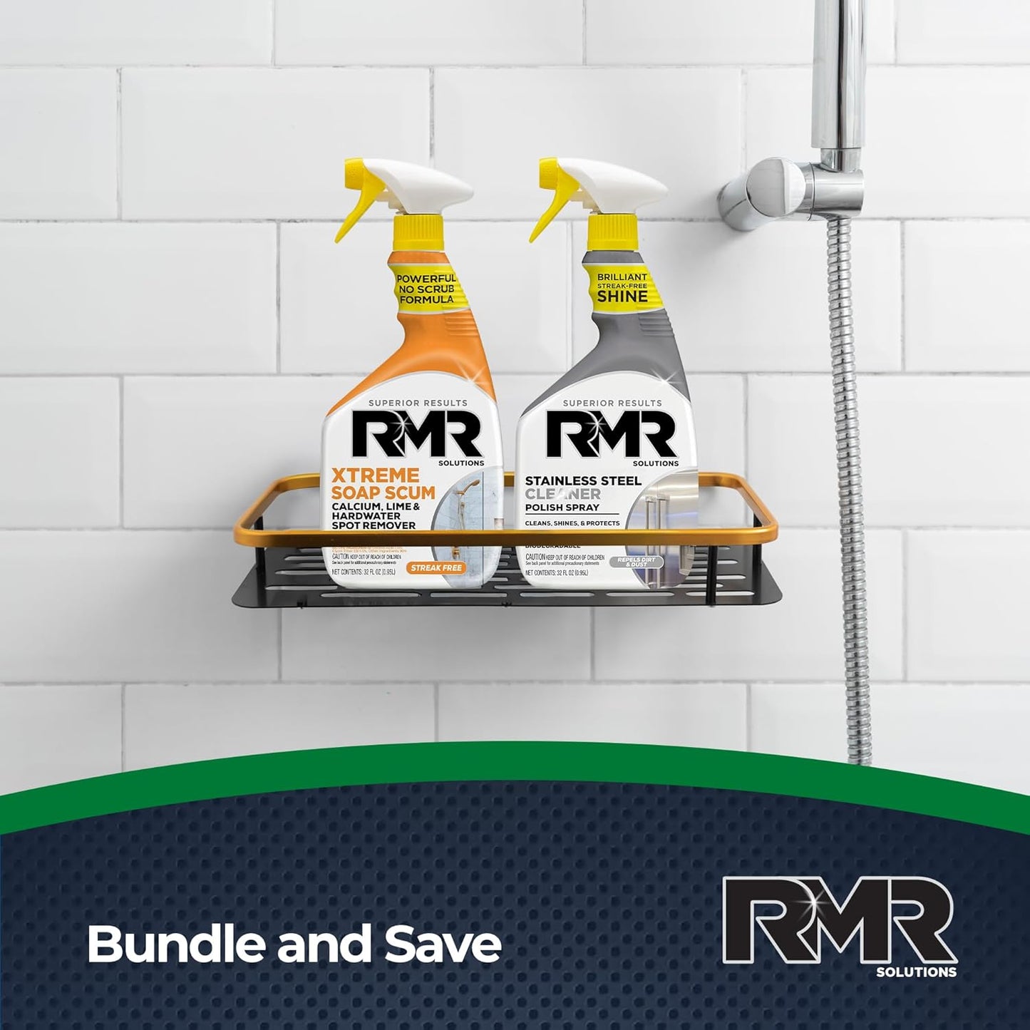 RMR Buildup Breakdown Bundle – Xtreme Soap Scum Remover + Stainless Steel Cleaner Polish, 2-Step Bathroom & Kitchen Cleaning Kit for Shower, Tub, Tile, Glass & Stainless Appliances, 2–32 Oz Bottles