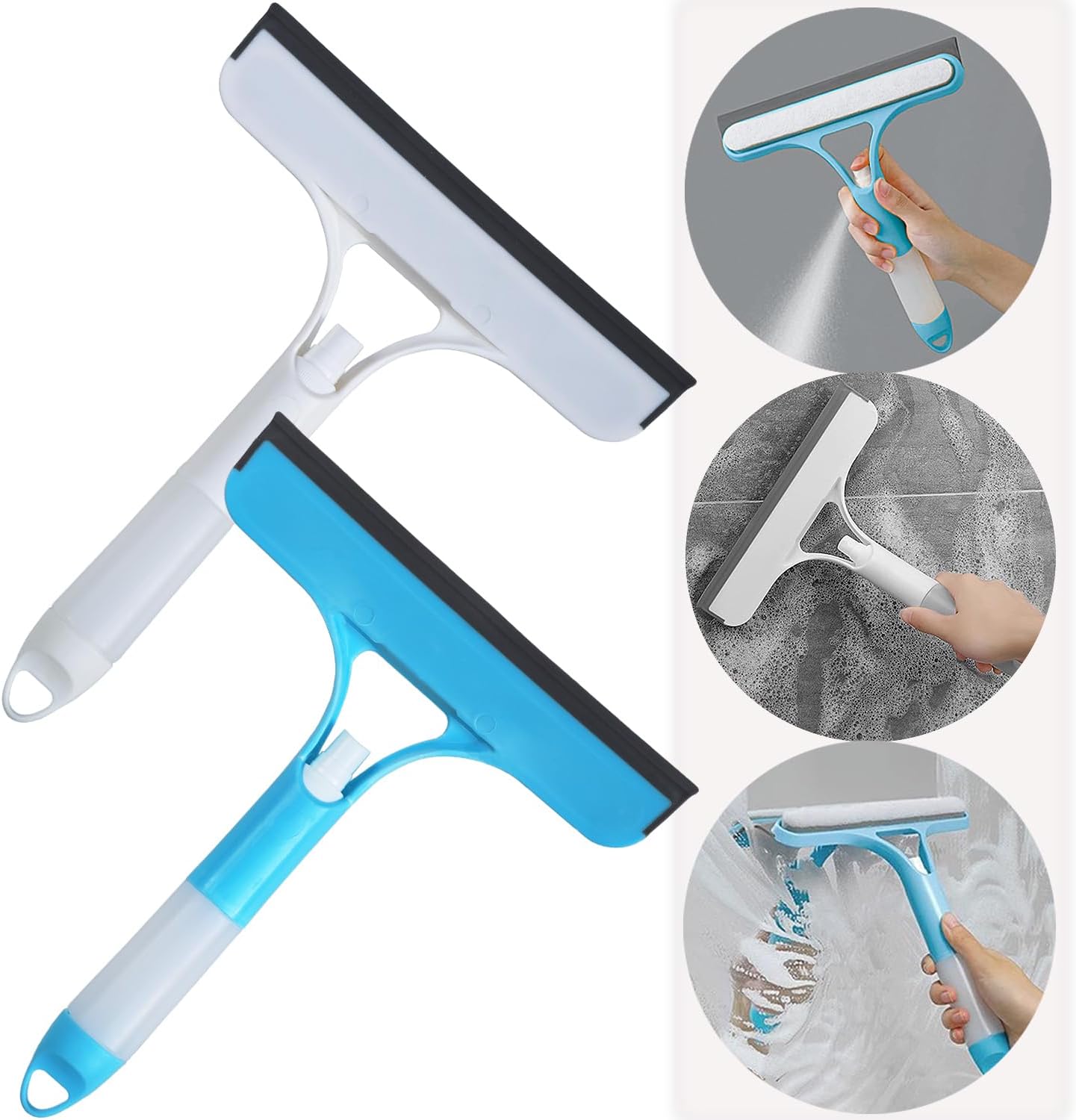 2 Pack All-Purpose Shower Squeegee for Shower Glass Door, Shower Glass Cleaner Squeegee with Spray, Washer, Wiper, 3 Functions in 1, Perfect Household Cleaner Tool