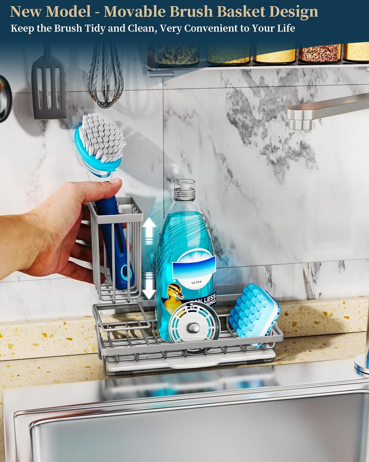Consumest Sink Caddy, Kitchen Sponge Holder with Dish Brush Holder, Kitchen Organizer with Drip Tray for Countertop, Stainless Steel Rustproof - Silver