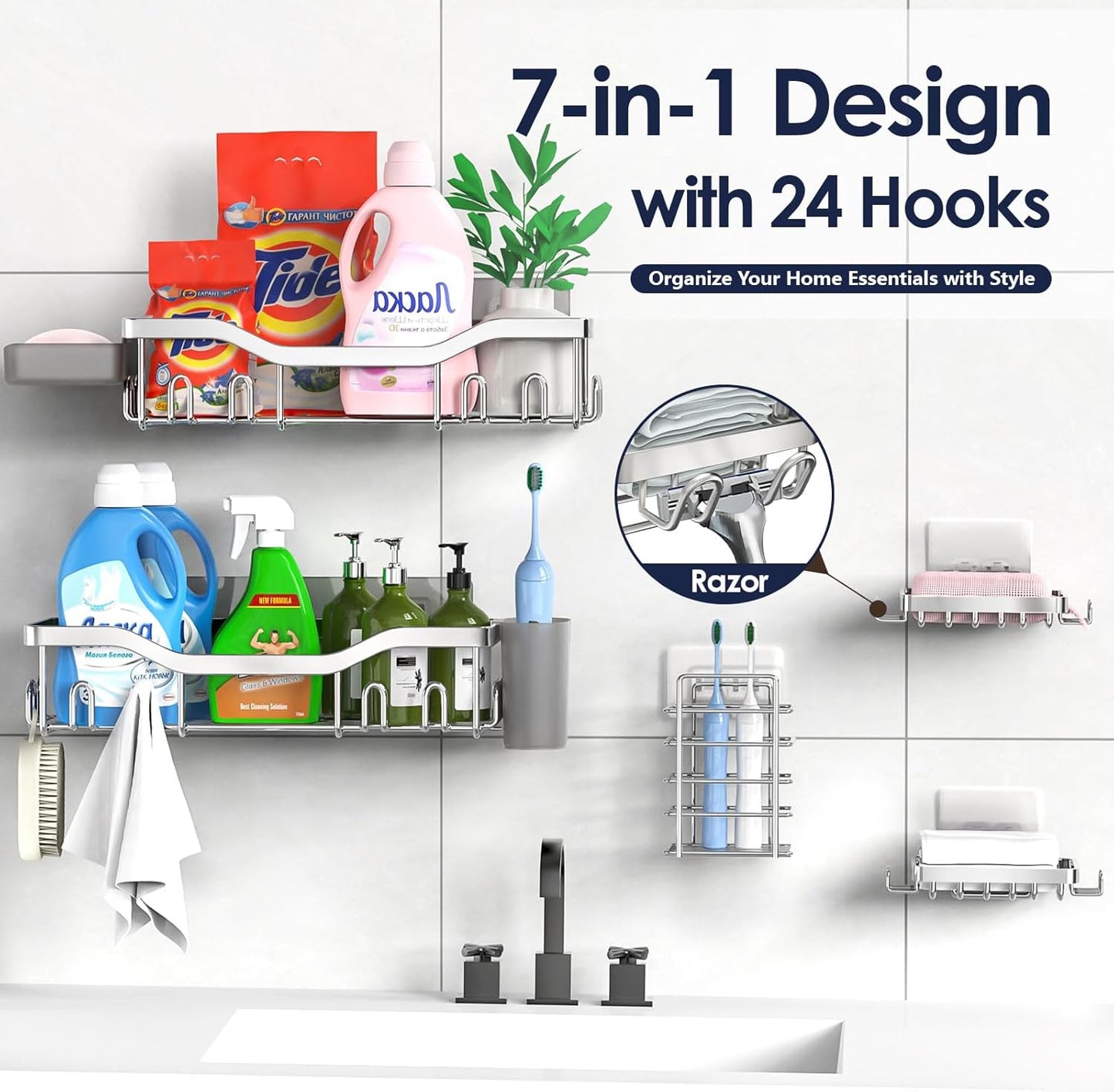 NESOMI Shower Caddy Adhesive Shower Organizer 7-Pack, Rustproof Stainless Steel Bathroom Shelves, Large Capacity No-Drill Rack Storage Accessories with Soap Dish Toothbrush Holder &24 Hooks Home Decor